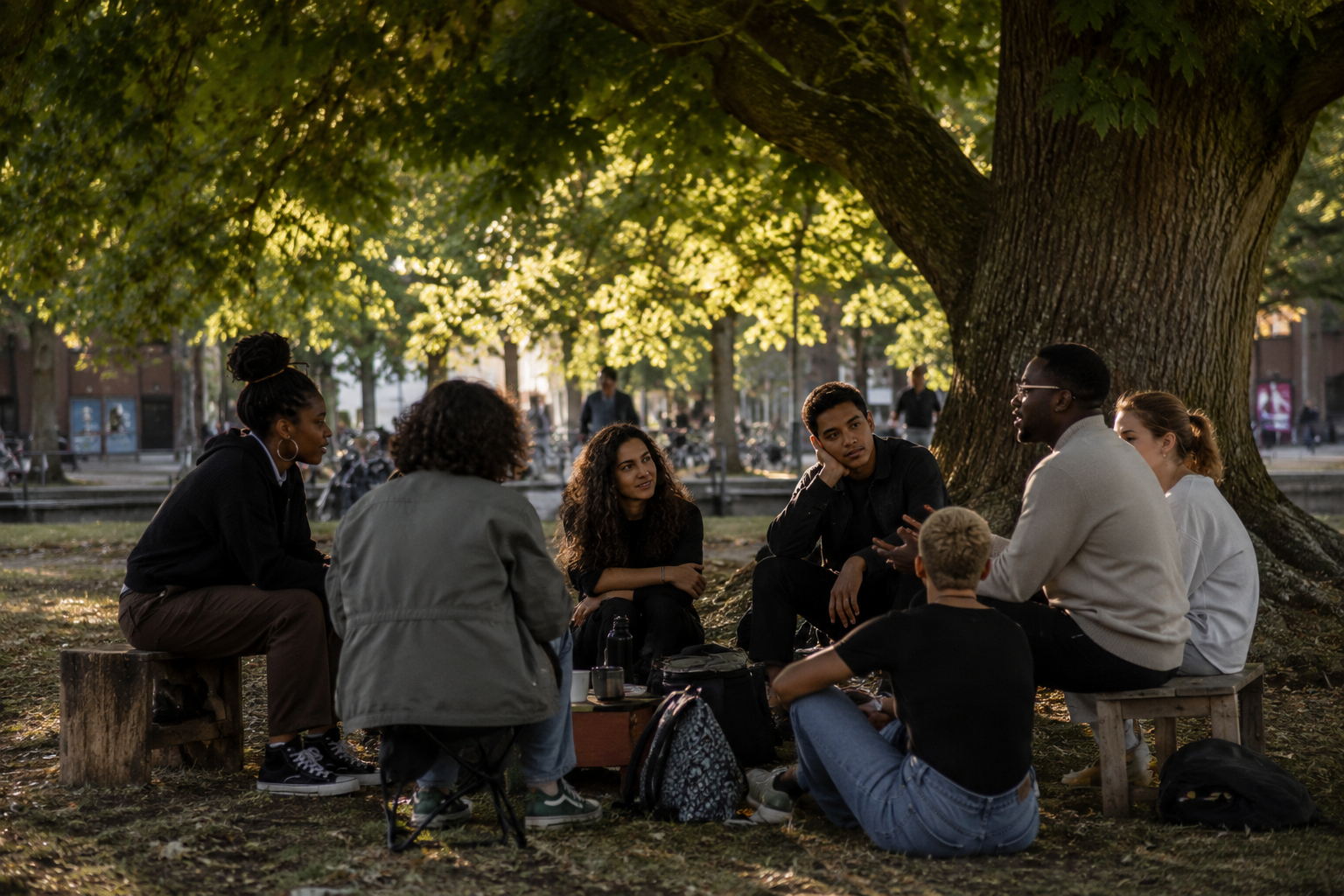 People gathering under a tree in conversation